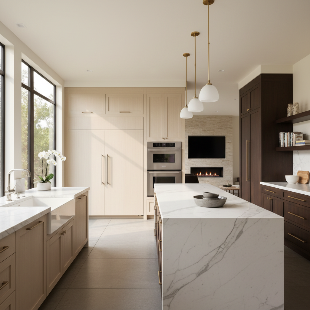 Bright upscale kitchen with integrated refrigerator and wall oven